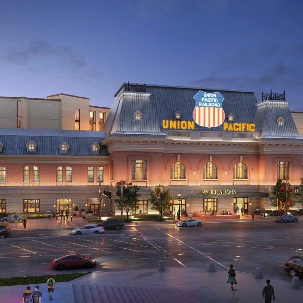 A rendering of the station view exterior at dusk at Asher Adams Hotel, Salt Lake City