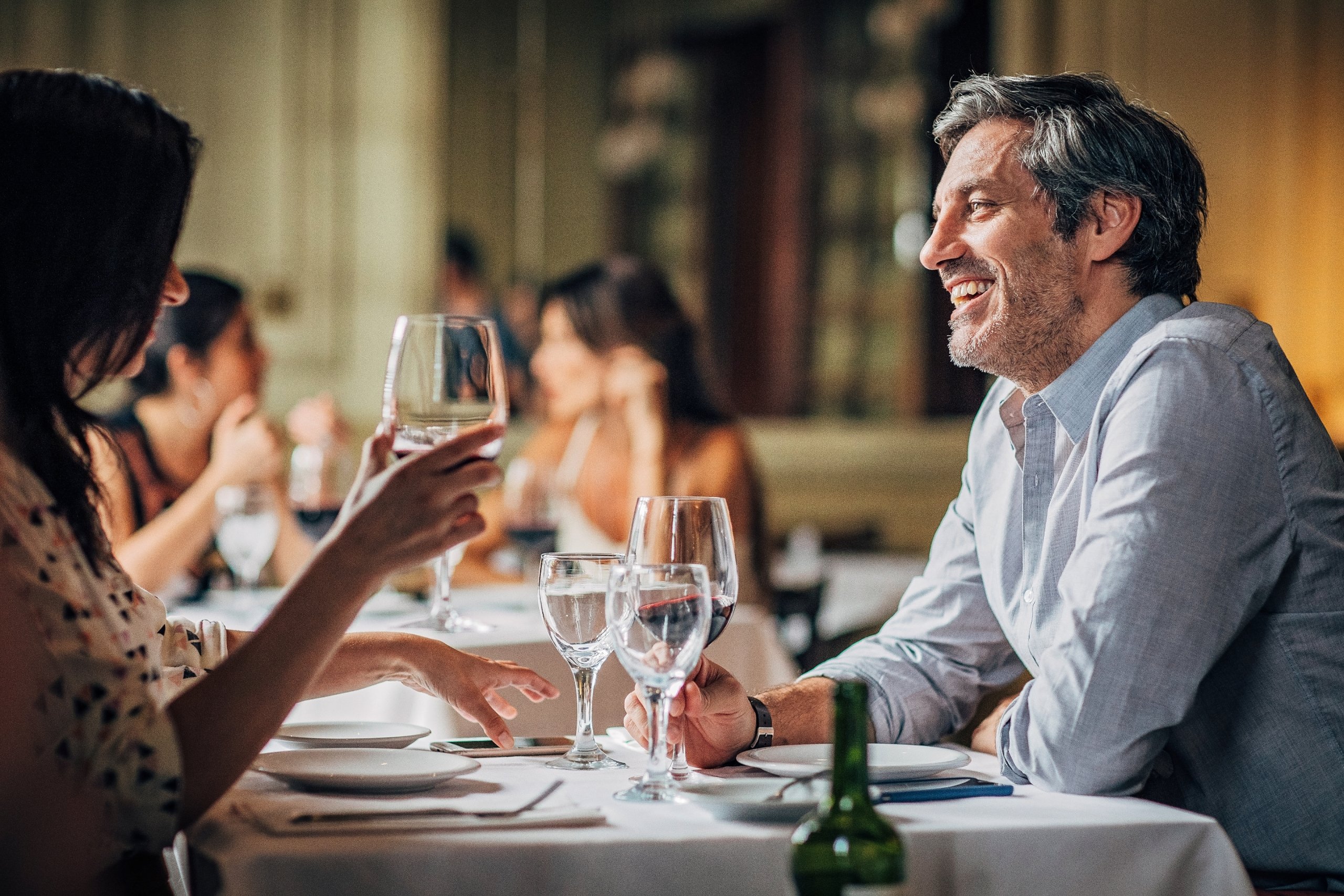 A couple drinking wine in a restaurant