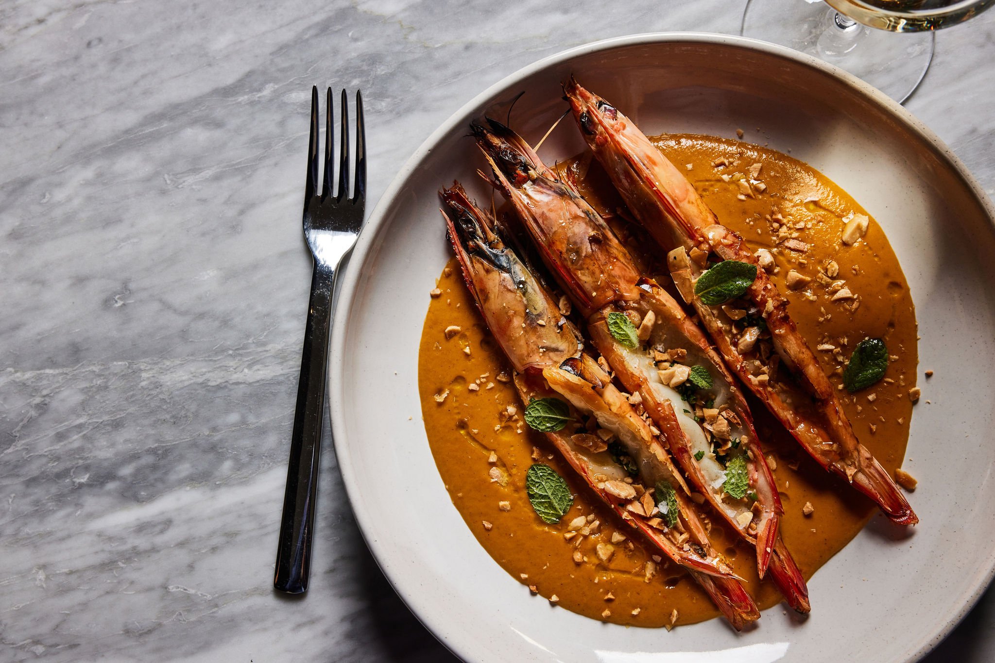 A saucy prawn dish served at Rouser, restaurant at Asher Adams Hotel, Salt Lake City