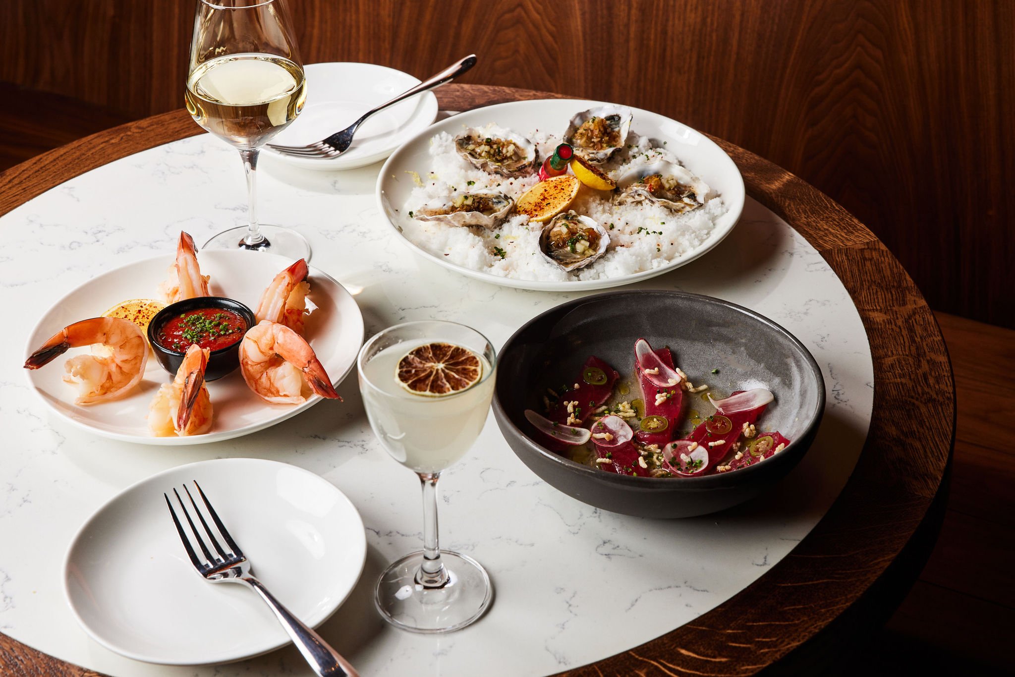 Oysters, shrimp cocktail, tuna crudo with drinks at The Bar at Asher Adams, Salt Lake City