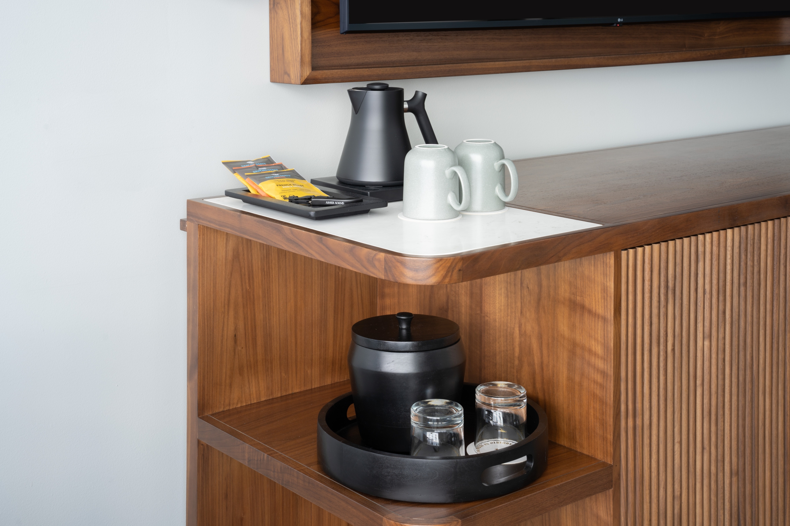 Fellow Kettle and La Columbe pour over coffee station in a room at Asher Adams Hotel, Salt Lake City.