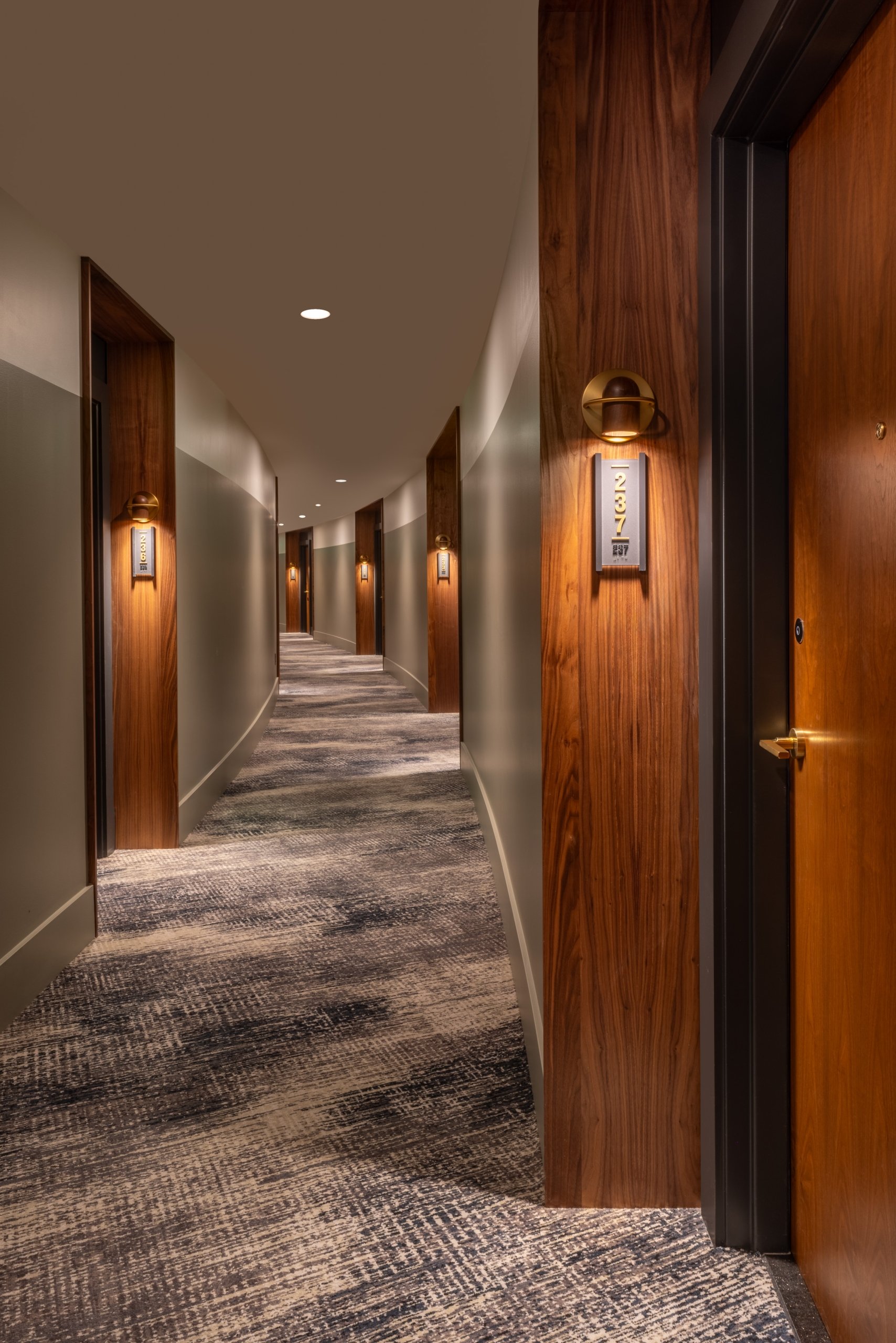 A hallway with soft lighting at Asher Adams Hotel, Salt Lake City