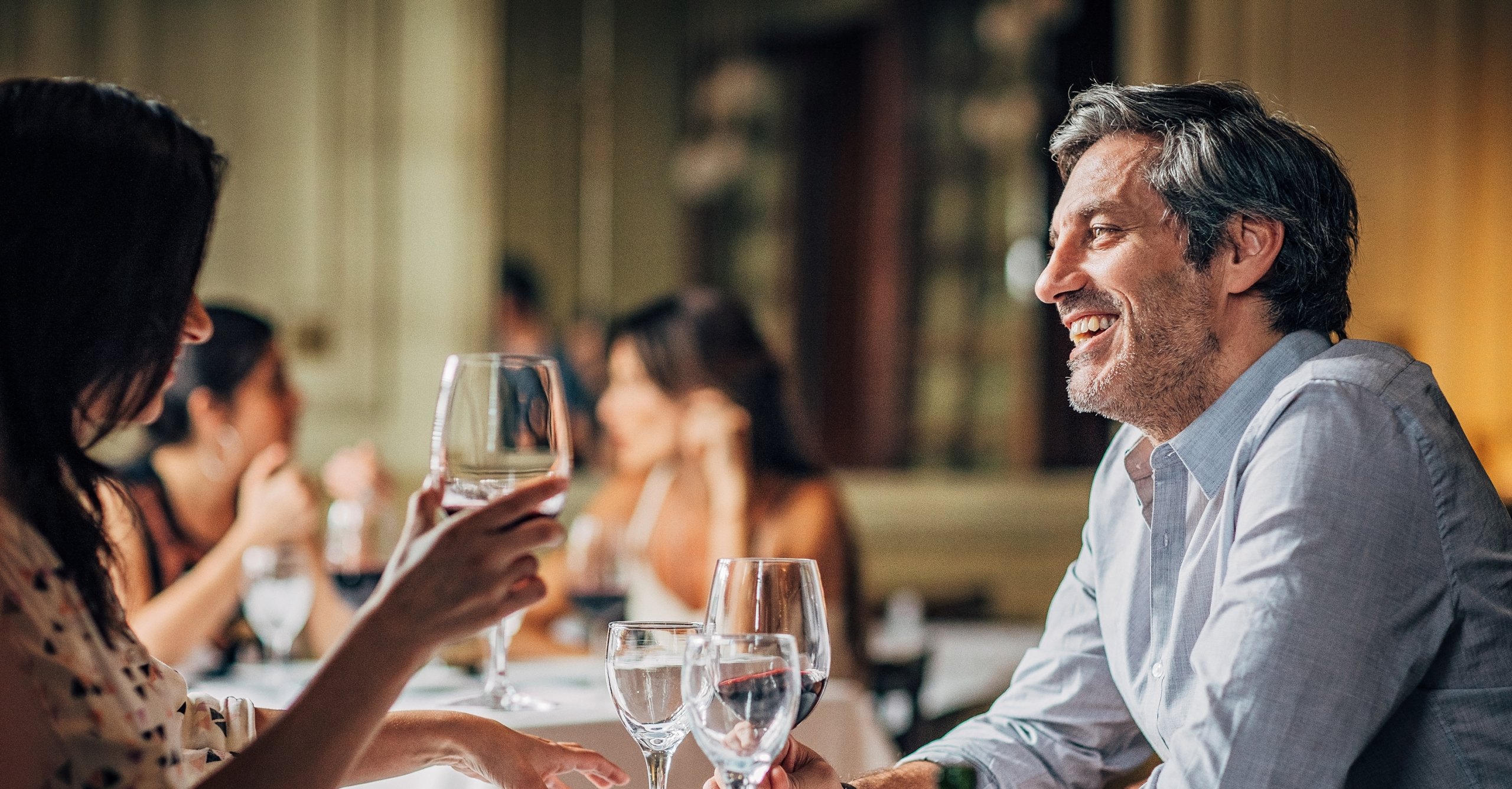 A couple drinking wine in a restaurant