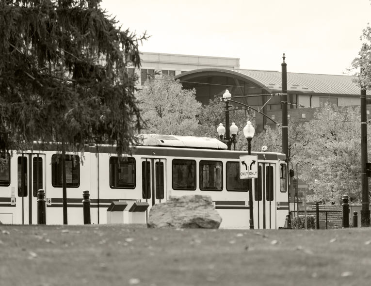 A black and white image of a city bus in Salt Lake City, Utah