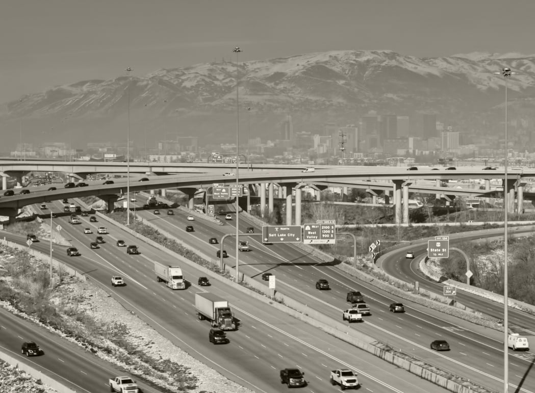 A black and white aerial view of a highway in Salt Lake City, Utah