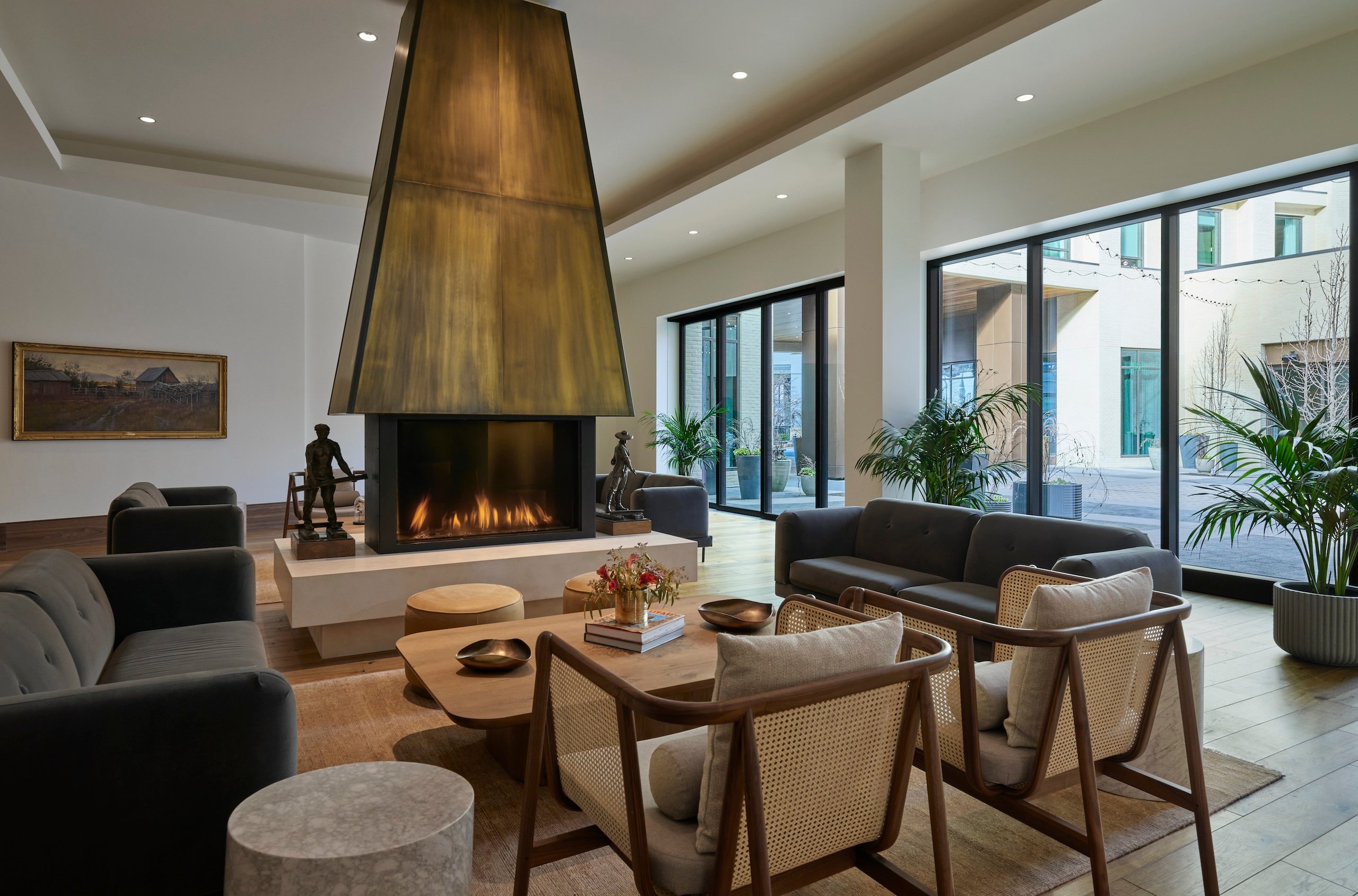 A modern seating area with fireplace at Asher Adams Hotel, Salt Lake City