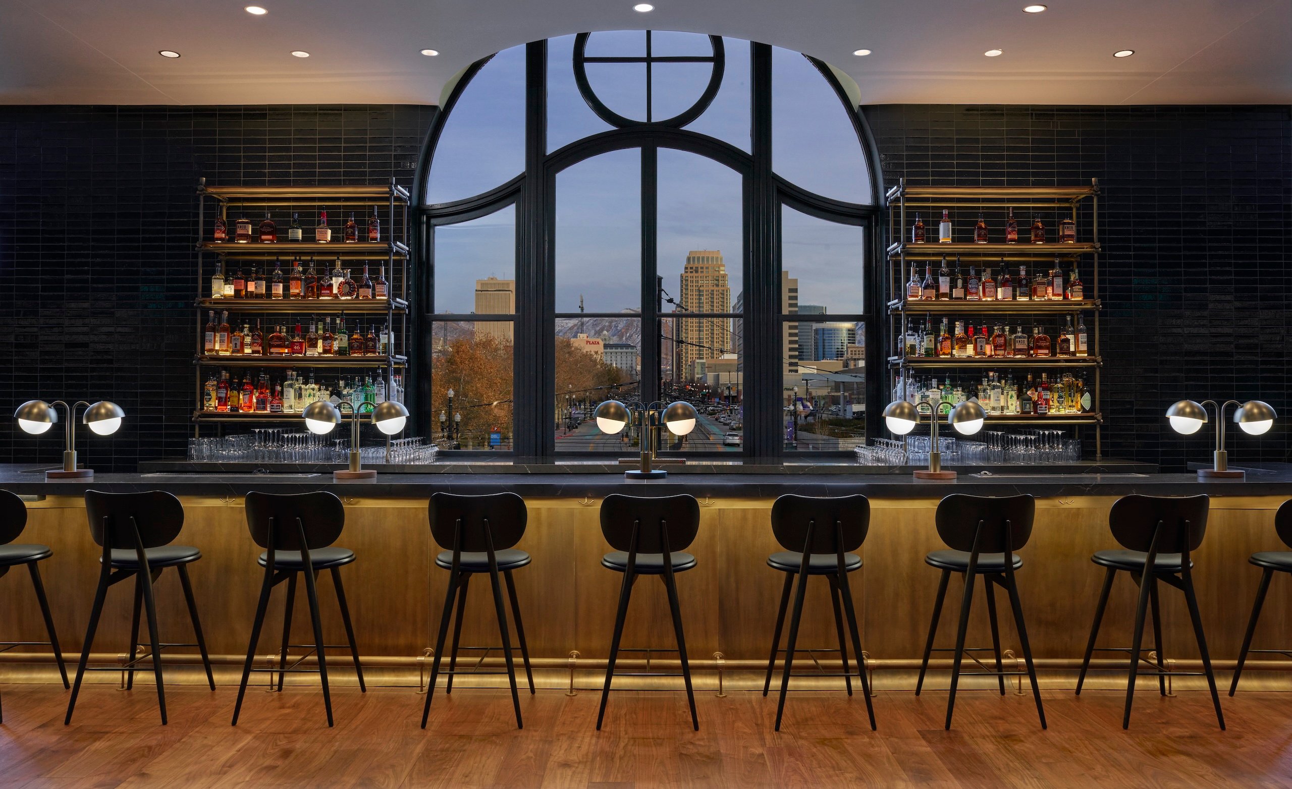 A long line of bar stools at the counter of No. 119 at Asher Adams Hotel, Salt Lake City