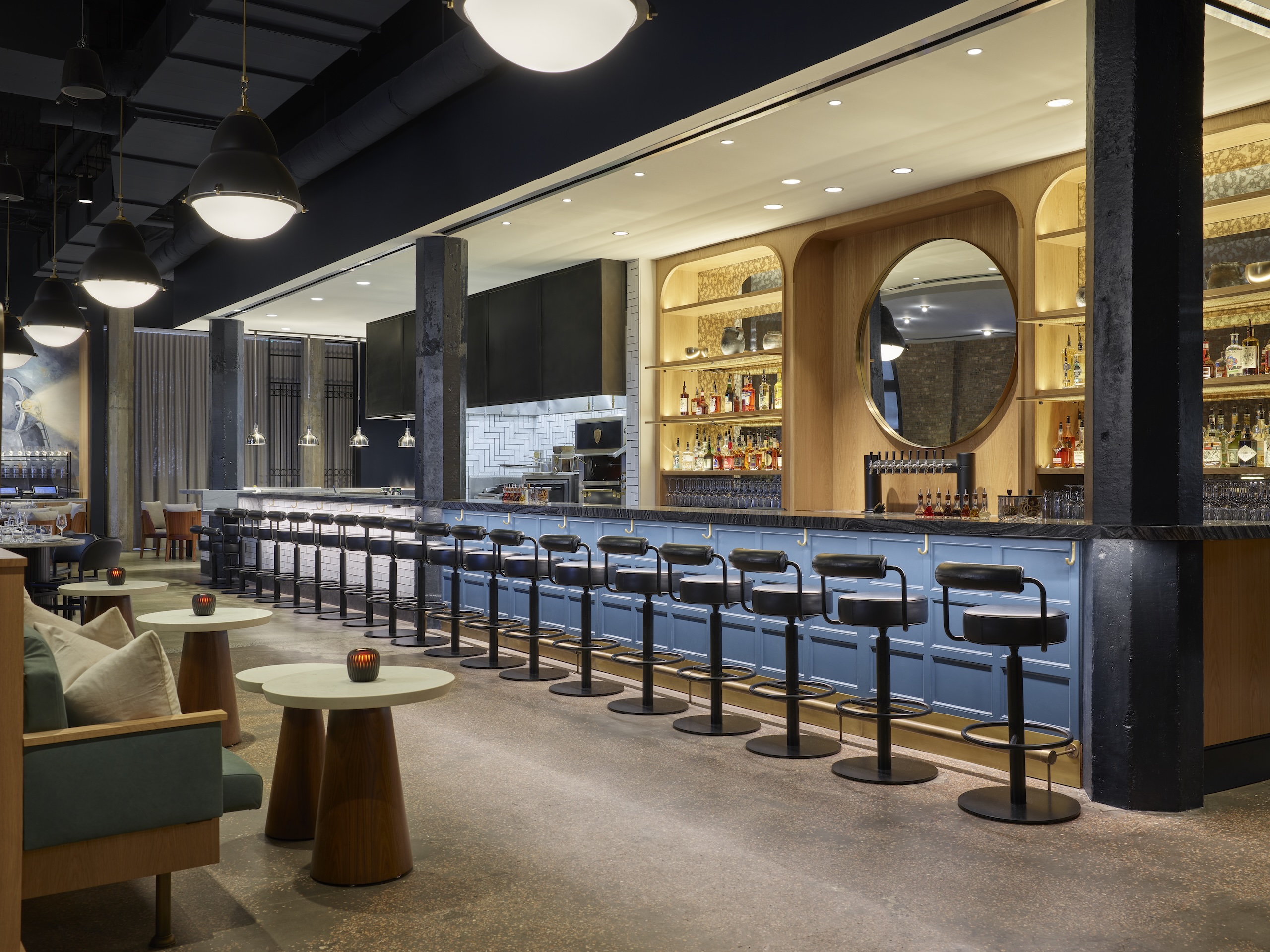 A long row of bar stools at the counter of Rouser at Asher Adams Hotel, Salt Lake City